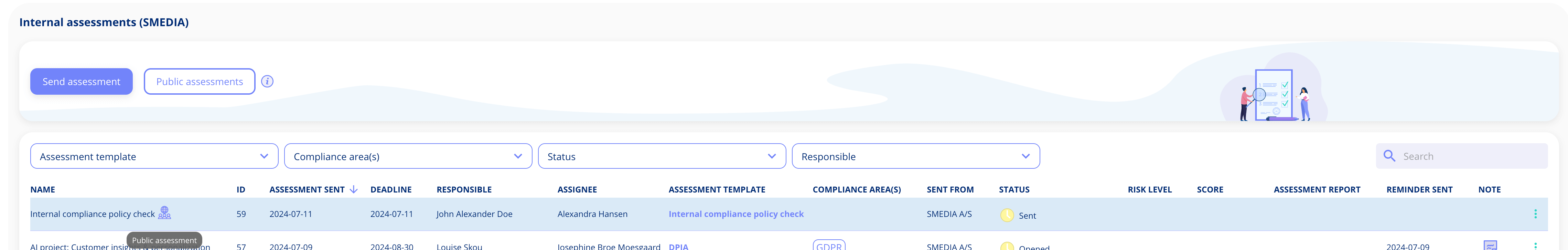 Public assessment in internal assessment list