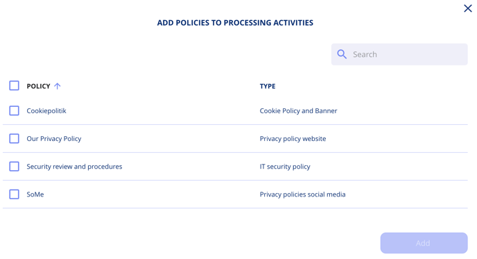 Pop-up window add policies to processing activities